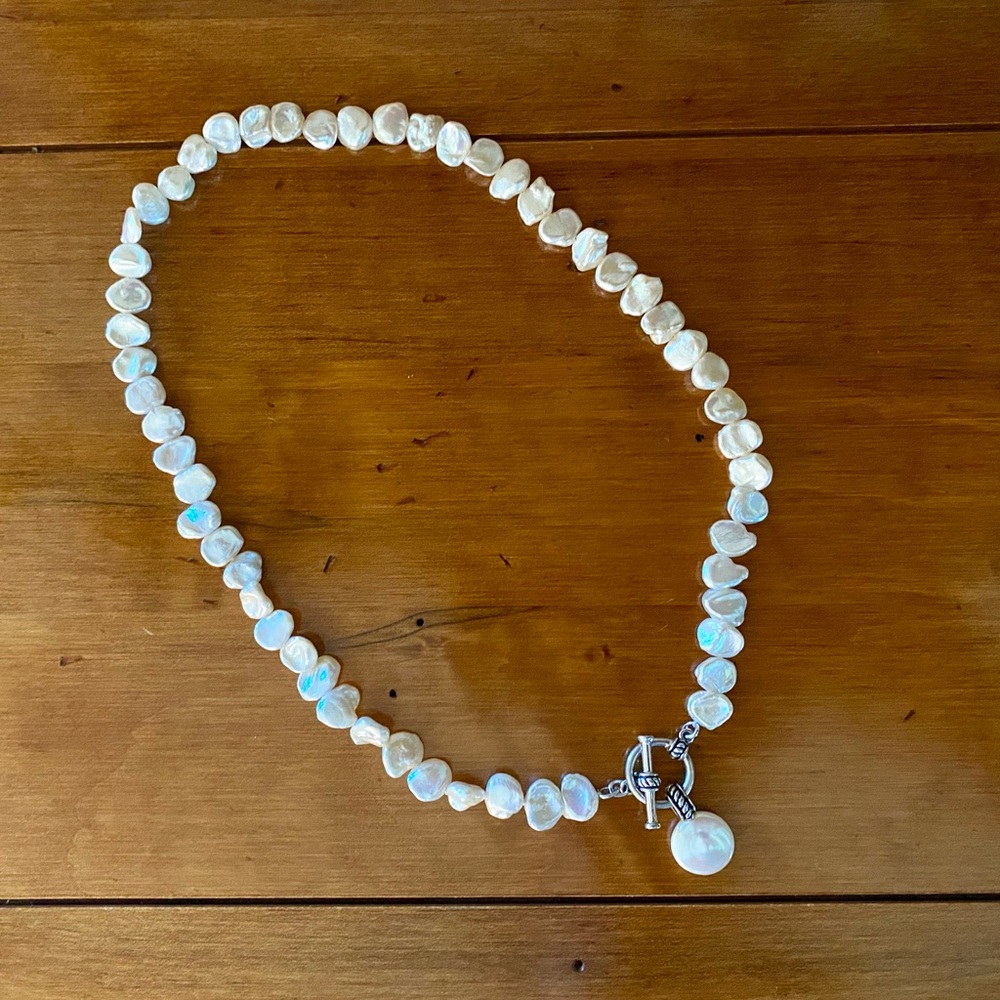 Honora White Keshi Freshwater Pearl Necklace with Sterling Silver Toggle Clasp